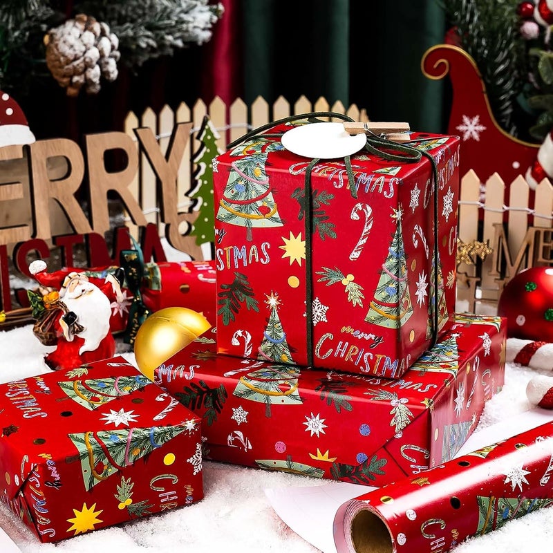 Yarcony Vinage Christmas Wrapping Paper Roll, Red Wrapping Paper, Gold Foil Elegant Deep Red Christmas Tree Theme Festive Holiday Gift Wrap for Winter Celebrations, Seasonal Decor(17Inch x 33Feet) - Image 5